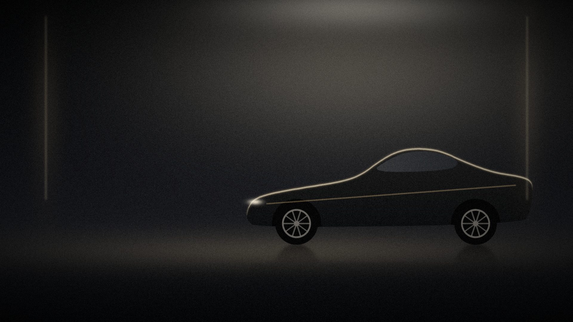 Silhouette d'un coupé sportif noir sous une lumière de studio, liseré doré le long du pavillon